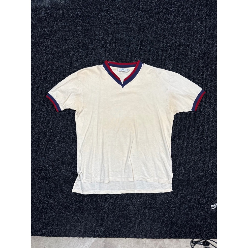 Vintage Seasport Sportswear V-Neck Ringer T-Shirt XL Cream Red Navy Trim Stained